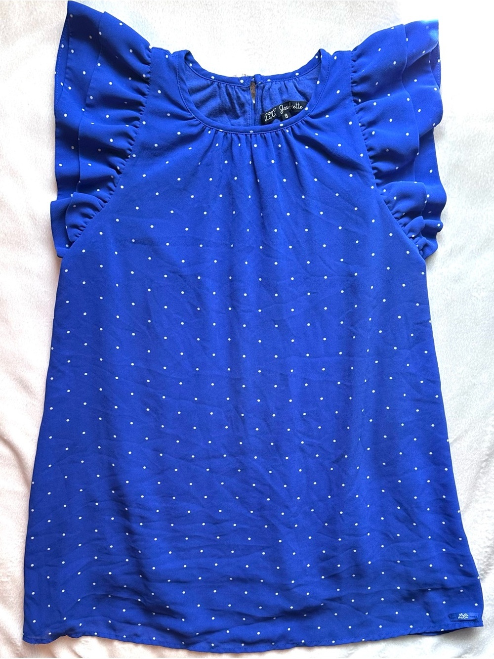 Lili Gaufrette Royal Blue White Polka Dot Flutter Slv Tunic Blouse/Dress Girls 8